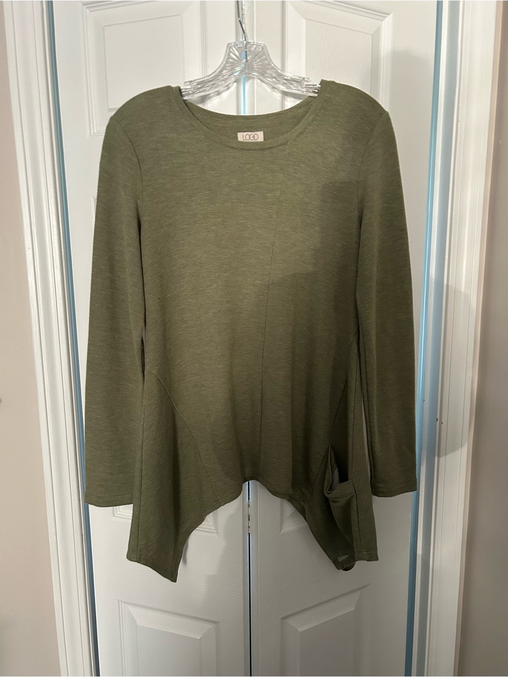 LOGO by Lori Goldstein Sage/Light Olive-Style Long Sleeve Asymmetric Knit Top
